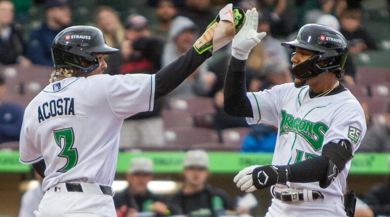 Leo Balcazar is greeted at home plate by Victor Acosta after hitting a two-run homer in first inning Tuesday night at Day Air Ballpark. JEFF GILBERT/CONTRIBUTED