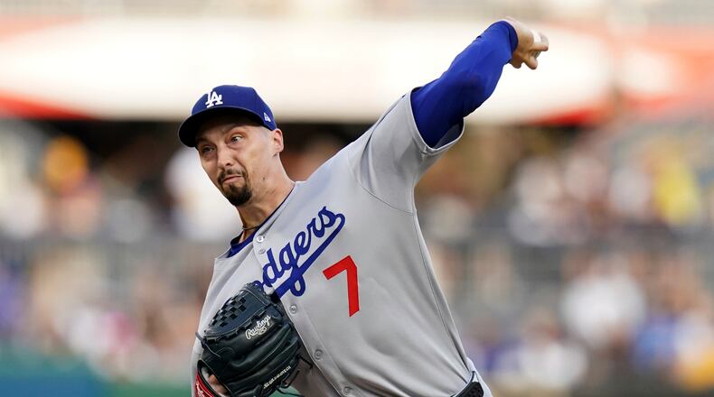 Los Angeles Dodgers pitcher Blake Snell delivers during the first inning of a baseball game against the Pittsburgh Pirates, Thursday, Sept. 4, 2025, in Pittsburgh. (AP Photo/Matt Freed)