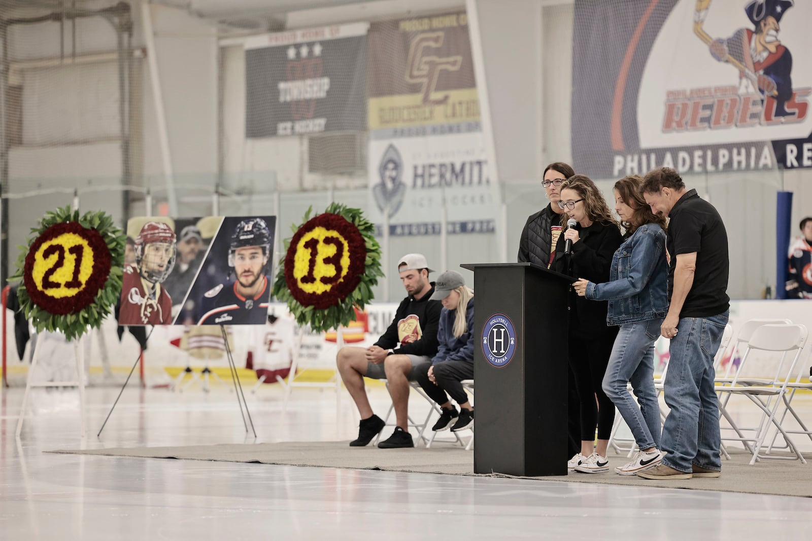 FILE - The Gaudreau family thanks the public as the late Matthew and Johnny Gaudreau are honored before the Philadelphia Rebels' home opener at Hollydell Ice Arena in Sewell, N.J., Friday, Sept. 13, 2024. (Elizabeth Robertson/The Philadelphia Inquirer via AP, File)