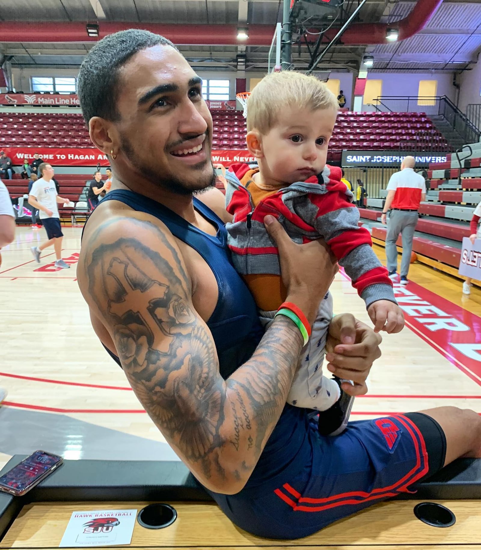 Obi Toppin and Chase Jablonski are pictured before Dayton's game at Saint Joseph's in January 2020.