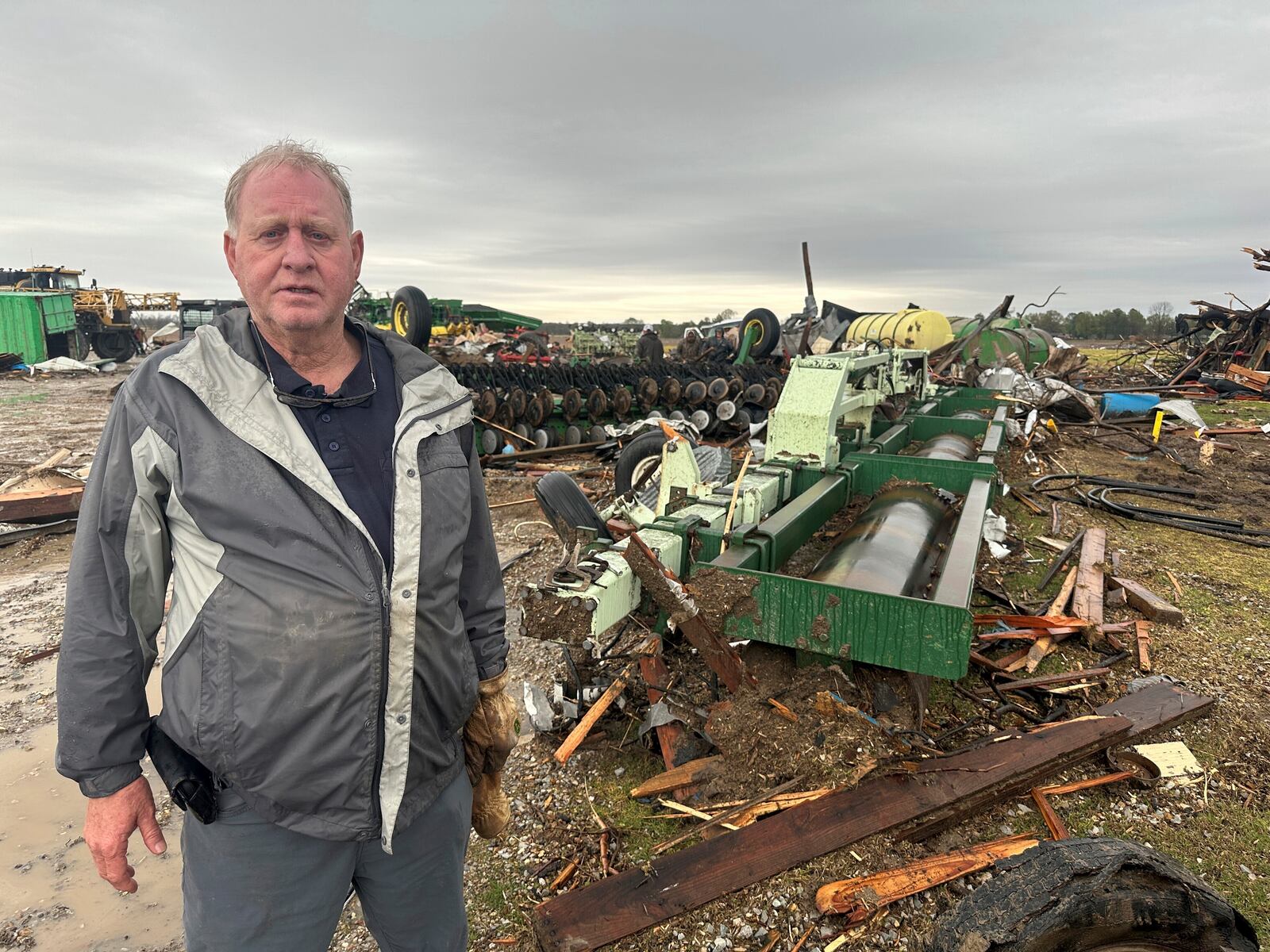 Danny Qualls speaks with a reporter about damage to his family farm on Thursday, April 3, 2025, in Lake City, Ark. (AP Photo/Adrian Sainz)