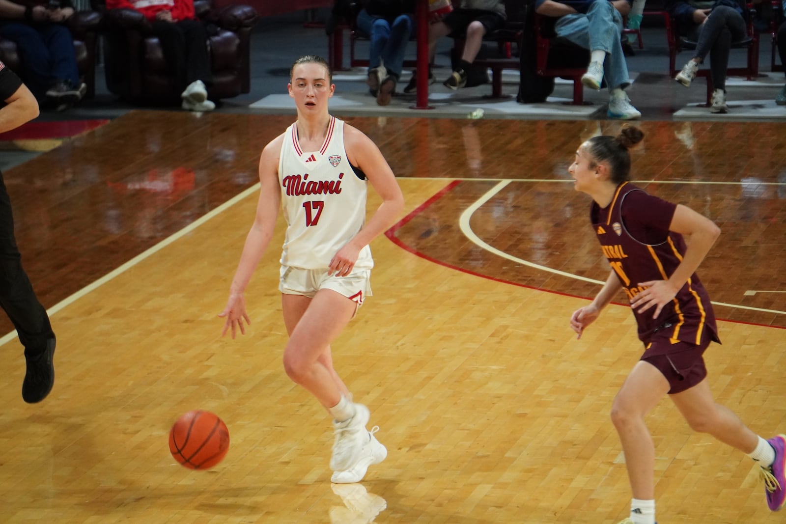 Miami's Núria Jurjo brings the ball up court during her game against Central Michigan on Wednesday night at Millett Hall. CHRIS VOGT / CONRIBUTED
