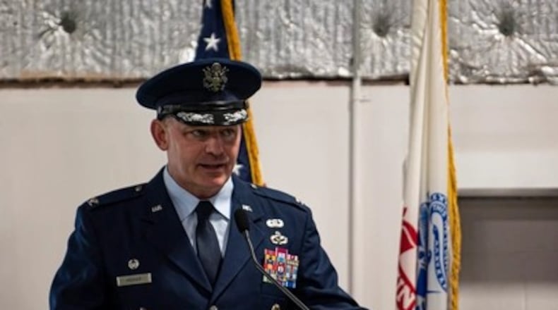 Col. Christopher Meeker, then the 88th Air Base Wing and installation commander, spoke during the Honor Guard Graduation Ceremony on April 17, 2023, at Wright-Patterson Air Force Base. Air Force photo