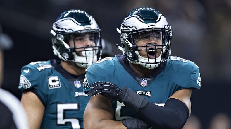 NEW ORLEANS, LA - NOVEMBER 18: Jordan Hicks #58 of the Philadelphia Eagles celebrates after making a tackle during a game against the New Orleans Saints at Mercedes-Benz Superdome on November 18, 2018 in New Orleans, Louisiana. The Saints defeated the Eagles 48-7. (Photo by Wesley Hitt/Getty Images)