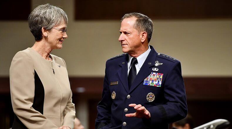 Secretary of the Air Force heather Wilson and Air Force Chief of Staff Gen. David Goldfein prepare to testify before the Senate Armed Services Committee June 6, 2017, in Washington, D.C. The top leaders gave their testimony on the posture of the Department of the Air Force in review of the Defense Authorization Request for Fiscal Year 2018 and the Future Years’ Defense Program. (U.S. Air Force photo/Scott M. Ash)