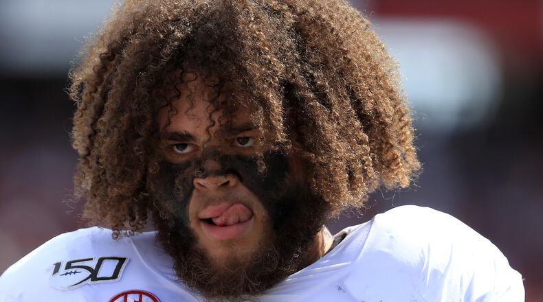 COLUMBIA, SOUTH CAROLINA - SEPTEMBER 14: Jedrick Wills Jr. #74 of the Alabama Crimson Tide watches on during their game against the South Carolina Gamecocks at Williams-Brice Stadium on September 14, 2019 in Columbia, South Carolina. (Photo by Streeter Lecka/Getty Images)