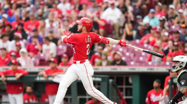 Cincinnati Reds outfielder Gavin Lux watches his grand slam during the fourth inning of a baseball game against the Arizona Diamondbacks, Saturday, June 7, 2025, in Cincinnati. (AP Photo/Jeff Dean)