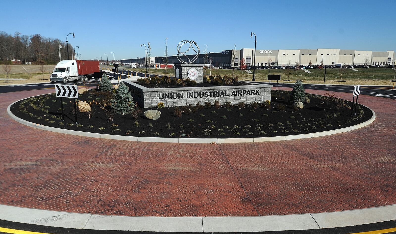 The newly constructed roundabout at Union Airpark Blvd. and Dog Leg Road near the Dayton International Airport is designed to improve truck traffic flow through the commercial development in the area. MARSHALL GORBY\STAFF