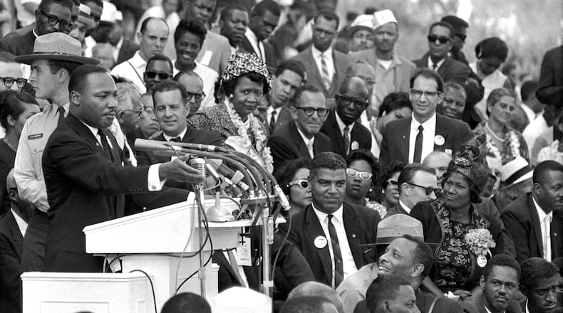 FILE - Martin Luther King Jr., head of the Southern Christian Leadership Conference, speaks to thousands during his "I Have a Dream" speech at the Lincoln Memorial during the March on Washington for Jobs and Freedom, Aug. 28, 1963, in Washington. (AP Photo/File)