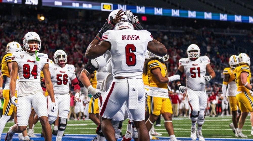 Miami’s Jordan Brunson (6) scores a touchdown against Western Michigan during the MAC Championship Game on Saturday at Ford Field in Detroit. MIAMI ATHLETICS