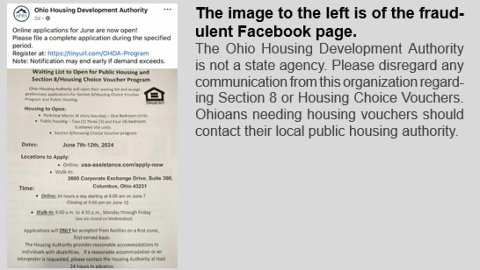 A snapshot of a fake Facebook page that uses the logo of the Ohio Housing Finance Agency. The fraudulent group calls itself the Ohio Housing Development Authority. CONTRIBUTED