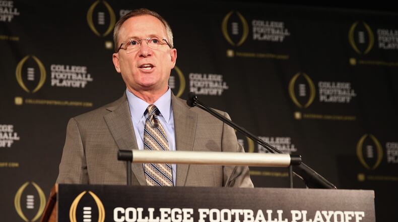 IRVING, TX - OCTOBER 16: Jeff Long answers questions from the media after being named the chairman of the College Football Playoff selection committee on October 16, 2013 in Irving, Texas. Condoleezza Rice, Stanford University professor and former United States Secretary of State, was also chosen to serve as one of the 13 members that will select four teams to compete in the first playoff at the end of the 2014 season. (Photo by Tom Pennington/Getty Images)