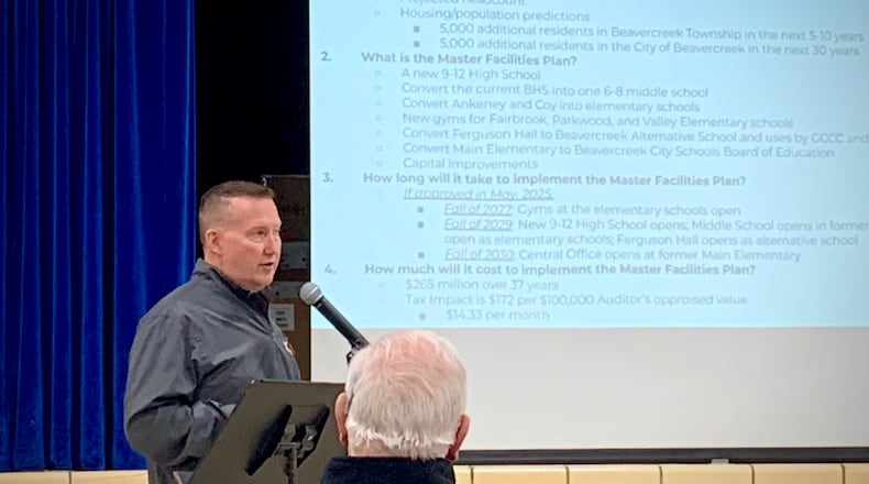 Beavercreek superintendent Paul Otten gives a presentation during a bond issue open house Tuesday, April 15, 2025. LONDON BISHOP/STAFF