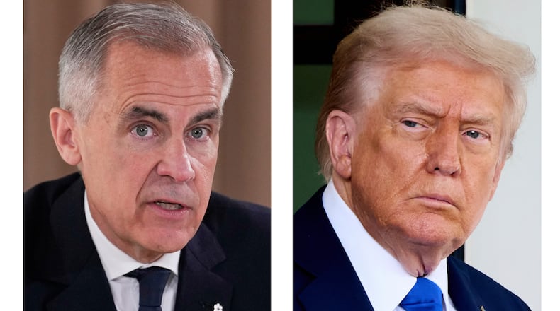 This combination of images shows Canada's Prime Minister Mark Carney on June 16, 2025, in Kananaskis, Canada, left, and President Donald Trump on Oct. 7, 2025, in Washington. (AP Photo/Mark Schiefelbein, left, Jacquelyn Martin)