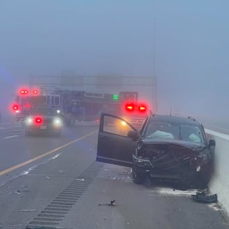 A three-vehicle crash was reported Monday morning on Feb. 16, 2026, at Interstate 70 East near the Interstate 75 North ramp in Montgomery County. Photo courtesy Huber Heights Fire Department.