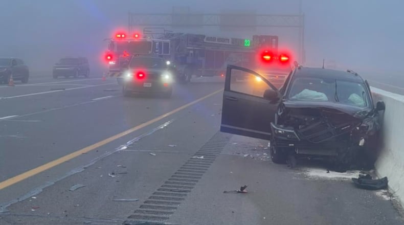 A three-vehicle crash was reported Monday morning on Feb. 16, 2026, at Interstate 70 East near the Interstate 75 North ramp in Montgomery County. Photo courtesy Huber Heights Fire Department.