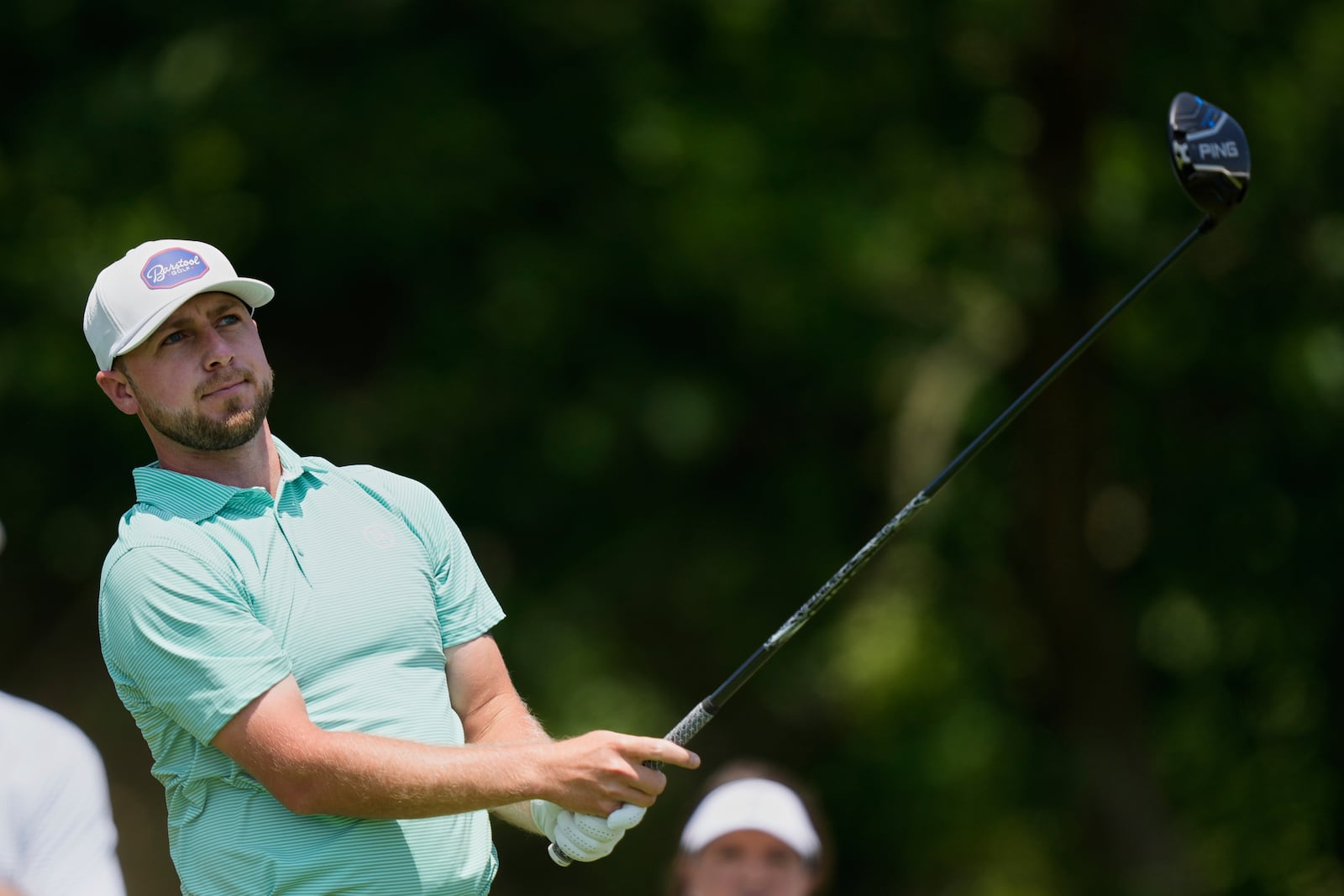 Alistair Docherty tees off on the fourth hole during a practice round ahead of the U.S. Open golf tournament at Oakmont Country Club Wednesday, June 11, 2025, in Oakmont, Pa. (AP Photo/Charlie Riedel)