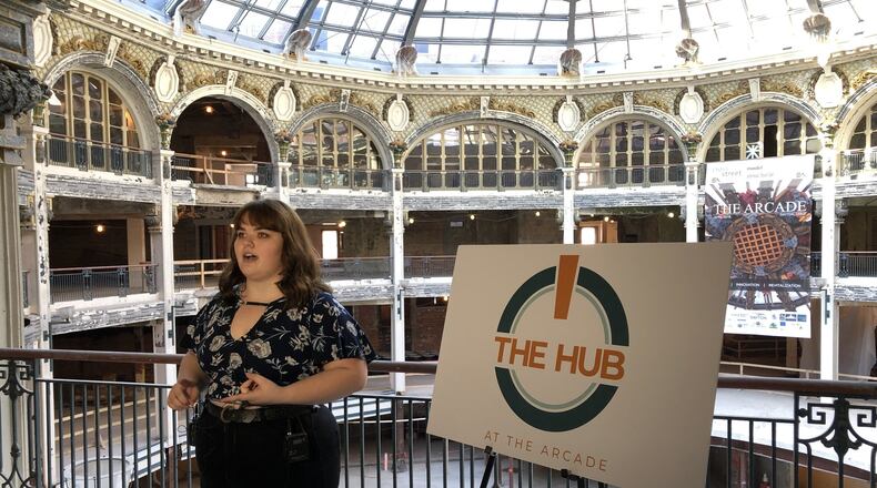 University of Dayton graphic design senior Megan Lewis designed the logo and brand for the Hub at the Dayton Arcade. CORNELIUS FROLIK / STAFF