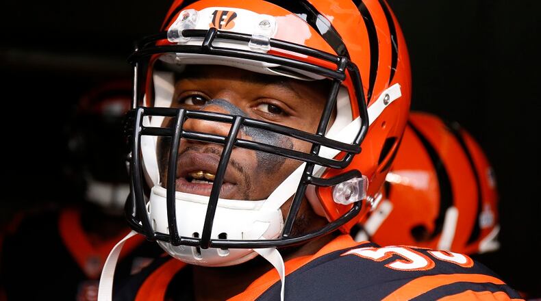 Cincinnati Bengals outside linebacker Vontaze Burfict prepares to take the field before an NFL football game against the Indianapolis Colts, Sunday, Oct. 29, 2017, in Cincinnati. (AP Photo/Gary Landers)