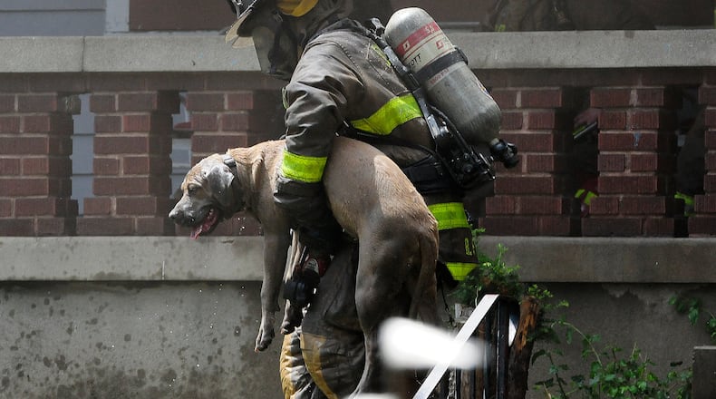 Three houses were destroyed by fire Tuesday, July 2, 2024, in the 100 block of Delaware Avenue. No one was home but a dog was rescued from one house and was given water and oxygen. MARSHALL GORBY\STAFF
