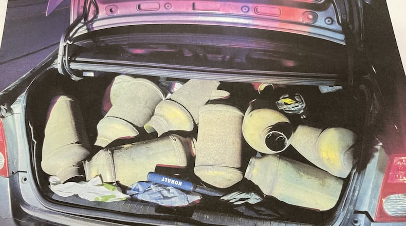 A 24-year-old man was arrested on Aug. 13, 2022, with a dozen catalytic converters. He is suspected of stealing the catalytic converters from a business, according to Englewood police. Photo courtesy Englewood Police Department.