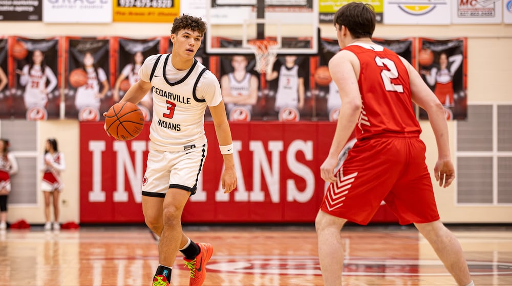 The Cedarville High School boys basketball team beat Southeastern 67-59 on Friday, Feb. 6, 2026 to win their third straight Ohio Heritage Conference South Division championship. MICHAEL COOPER / CONTRIBUTED PHOTO