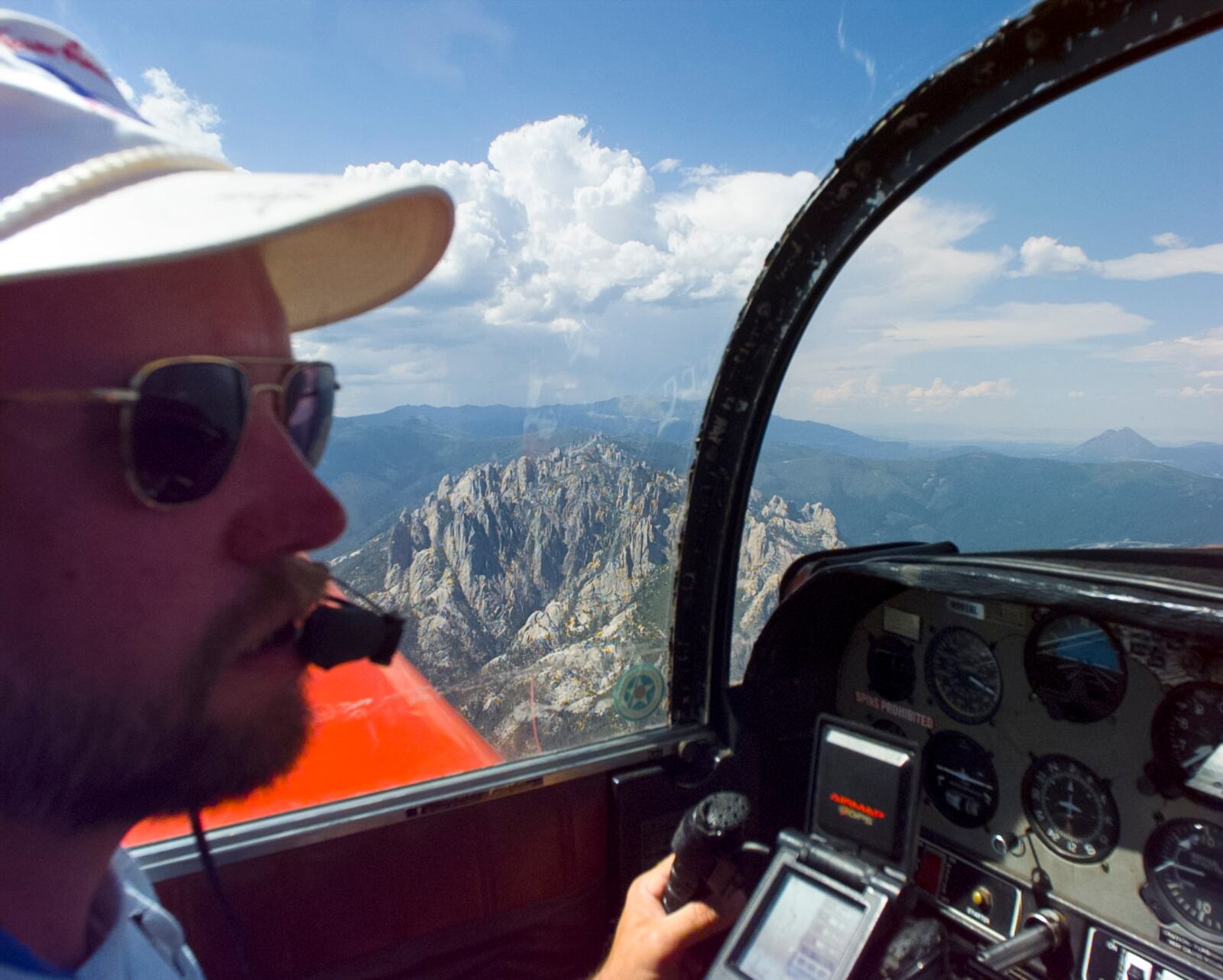 Tim flies past the Castle Crags Wilderness Area in northern California near Mount Shasta - 1997