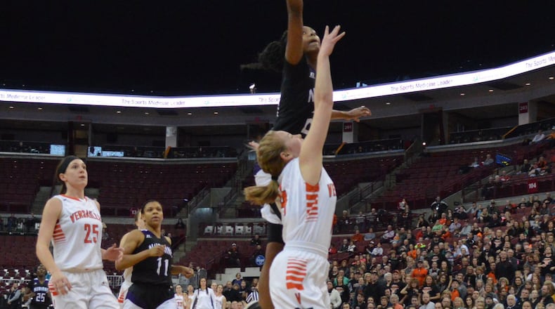 Versailles lost 53-47 to Columbus Africentric in the girls high school basketball D-III state final at OSU’s Schottenstein Center on Sat., March 17, 2018. ERIC FRANTZ / CONTRIBUTOR
