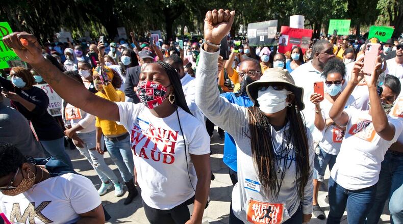 People react during a rally to protest the shooting of Ahmaud Arbery, who was killed Feb 23 while he was jogging in Brunswick, Georgia. (John Bazemore/Associated Press)
