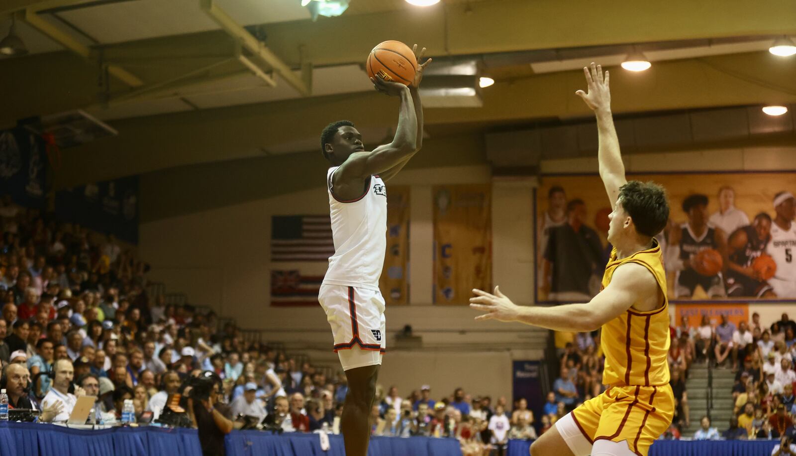 Dayton's Enoch Cheeks scores the go-ahead 3-pointer in the second half against Iowa State at the Maui Invitational on Monday, Nov. 25, 2024, at the Lahaina Civic Center. David Jablonski/Staff