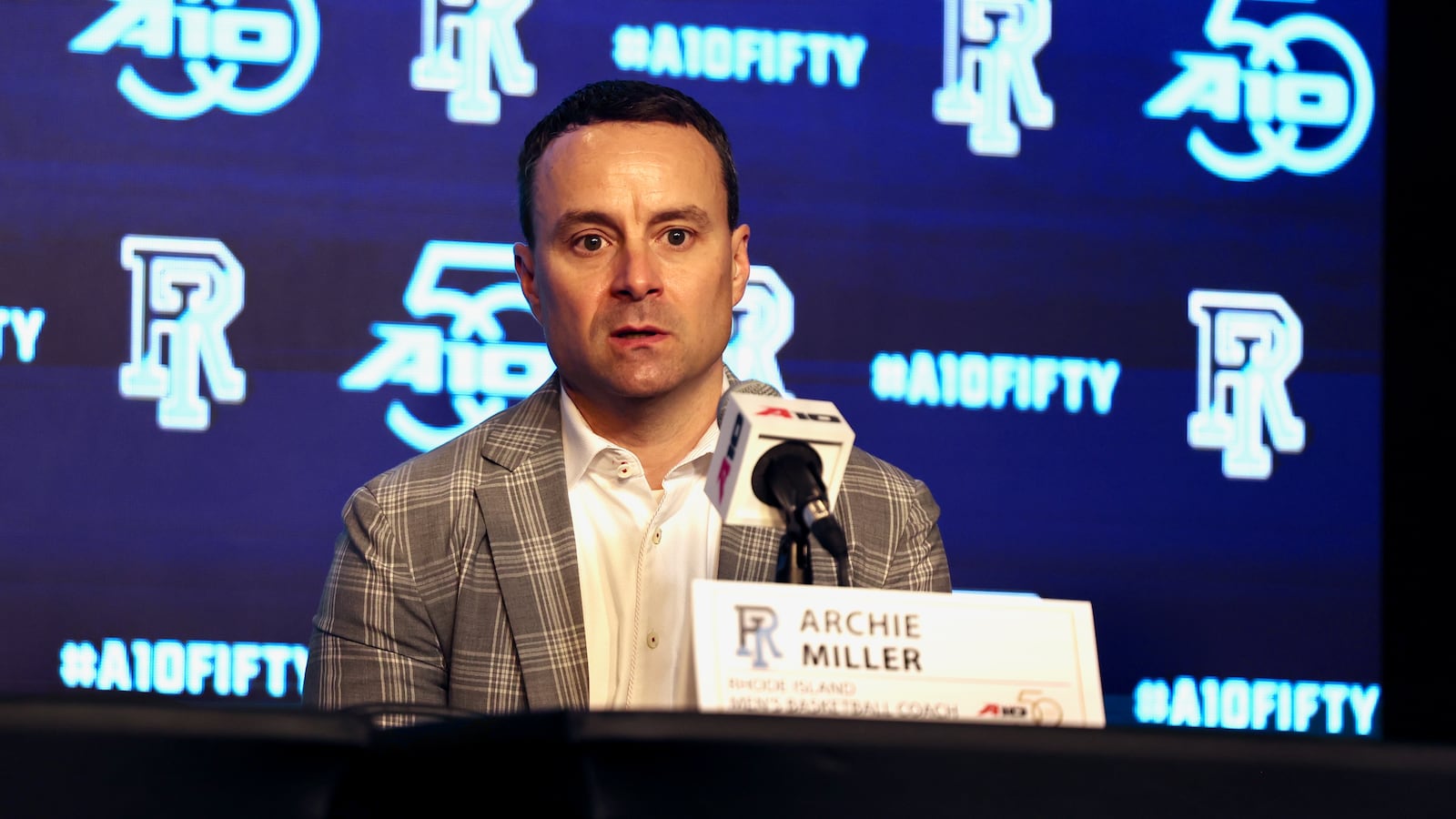 Rhode Island's Archie Miller speaks at Atlantic 10 Conference Media Day on Tuesday, Sept. 30, 2025, in Pittsburgh. David Jablonski/Staff