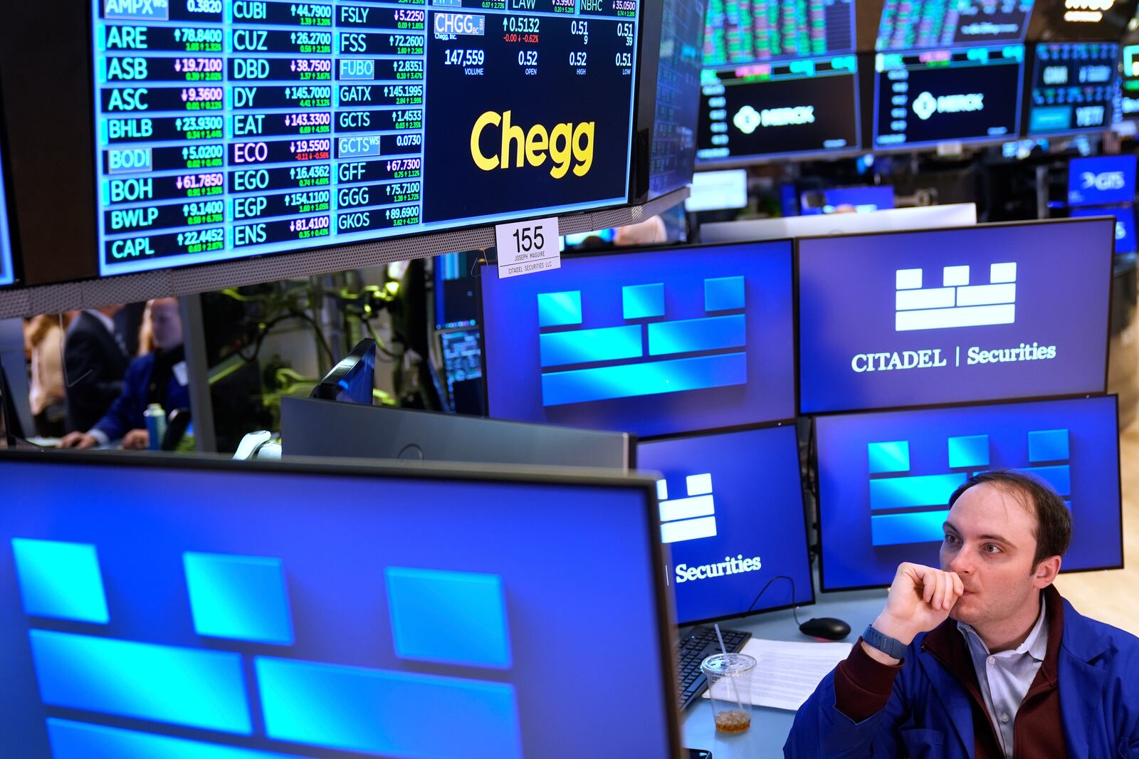 Joseph Maguire works on the floor at the New York Stock Exchange in New York, Tuesday, April 8, 2025. (AP Photo/Seth Wenig)