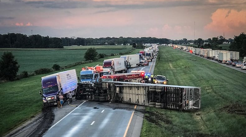 A semitrailer rolled onto its side on Wednesday on Interstate 70 in Brookville near the Preble County line. The backups rollovers cause concernes local officials. JIM NOELKER / STAFF