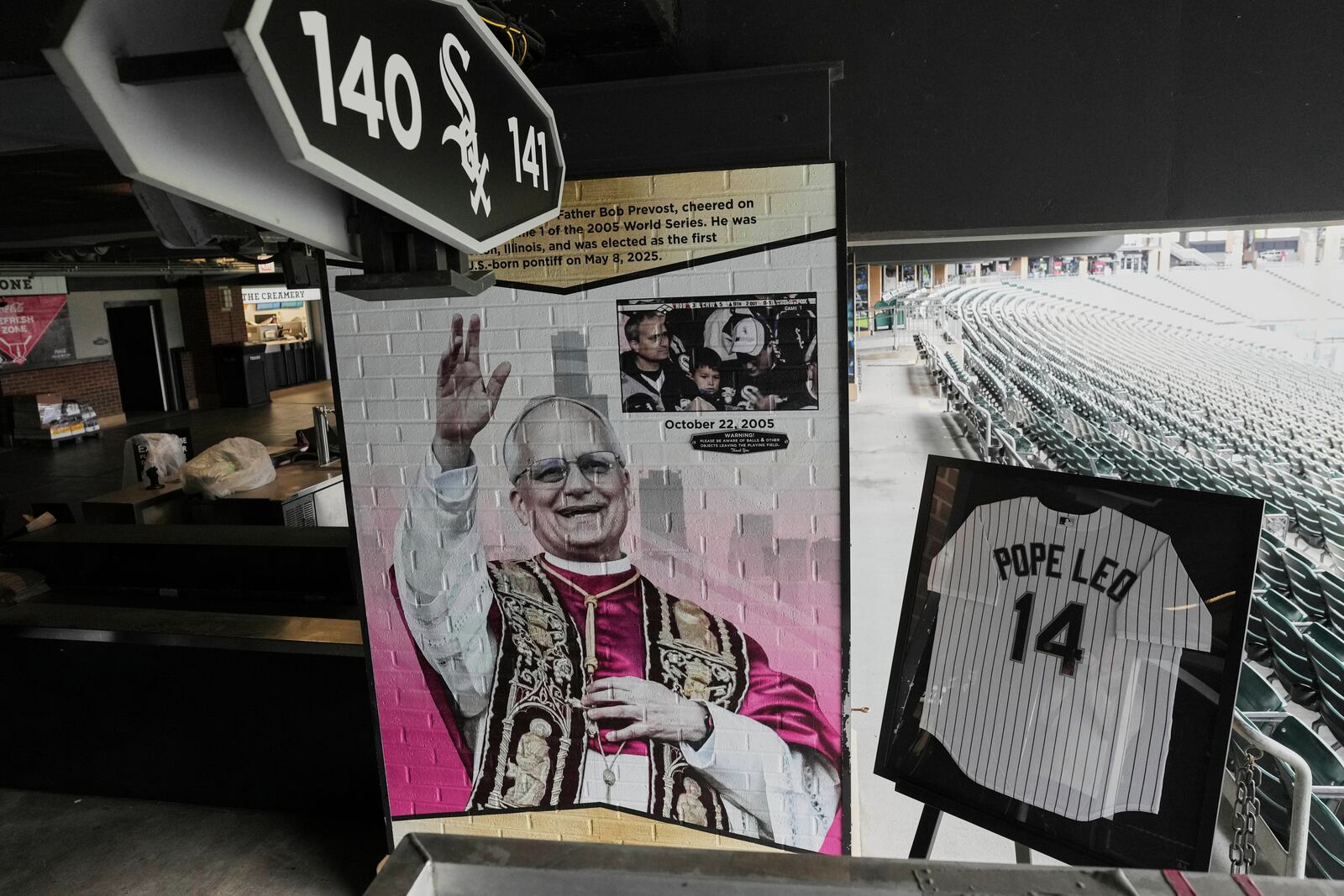 FILE - The Chicago White Sox commemorate the fandom of Pope Leo XIV with a graphic installation at Rate Field in Chicago, Monday, May 19, 2025. (AP Photo/Nam Y. Huh, File)