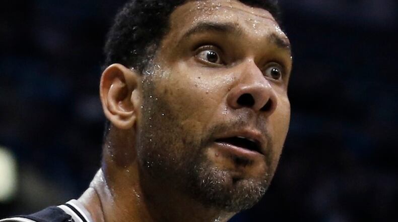 San Antonio Spurs' Tim Duncan reacts to a call during the first half of an NBA basketball game against the Milwaukee Bucks Monday, Jan. 4, 2016, in Milwaukee. (AP Photo/Morry Gash)