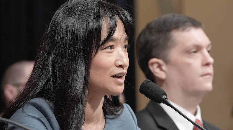 Senior Official Performing the Duties of the Administrator Ha Nguyen McNeill, left, testifies as Nicholas Andersen, acting director of the Cybersecurity and Infrastructure Security Agency, right, listens during a House Committee on Homeland Security hearing on Capitol Hill, Wednesday, March 25, 2026, in Washington. (AP Photo/Mariam Zuhaib)