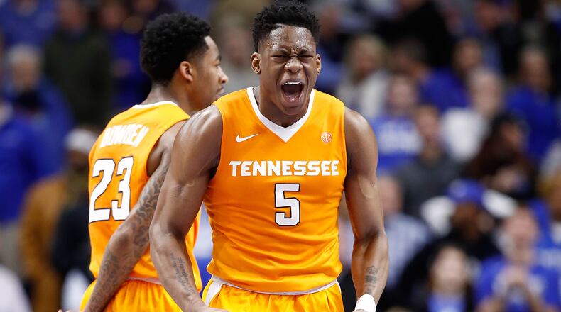 LEXINGTON, KY - FEBRUARY 06: Admiral Schofield #5 of the Tennessee Volunteers celebrates during the 61-59 win against the Kentucky Wildcats in the game at Rupp Arena on February 6, 2018 in Lexington, Kentucky. (Photo by Andy Lyons/Getty Images)