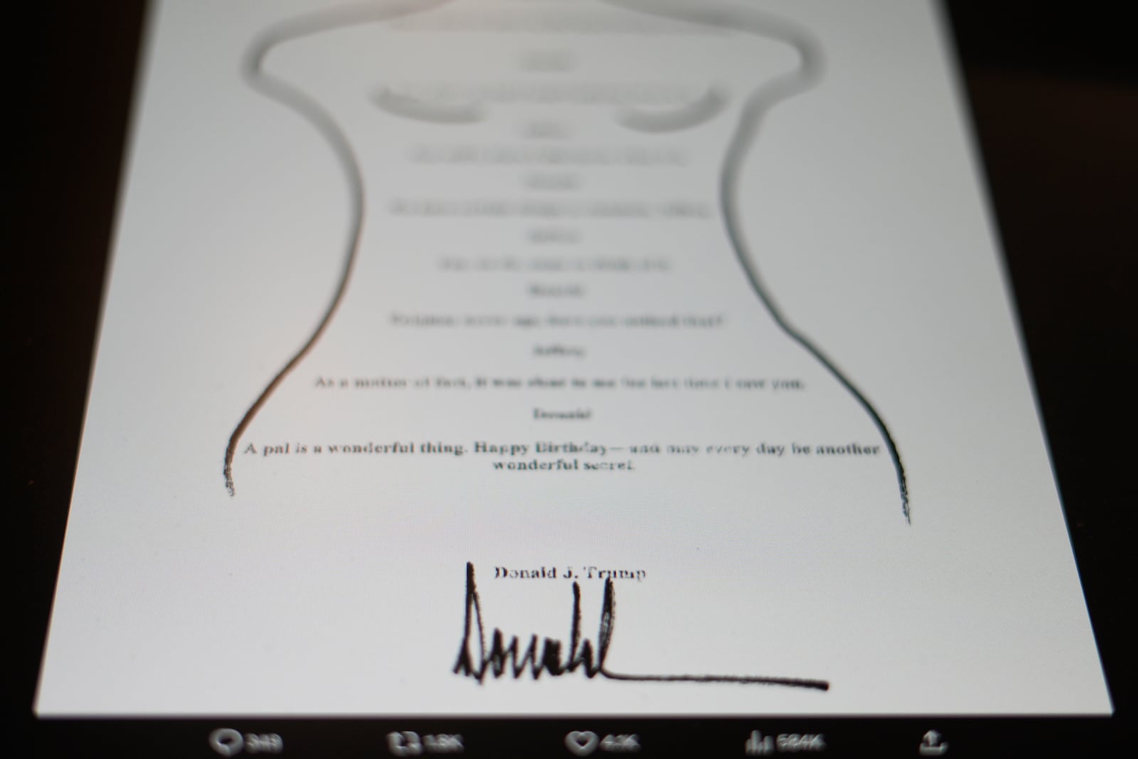 This image posted Monday, Sept. 8, 2025, on the X account of the Democrats on the House Oversight Committee shows a sexually suggestive birthday note to Jeffrey Epstein alluding to a “wonderful secret” and purportedly signed by President Donald Trump, who has denied sending the note. (@OversightDems/X via AP)