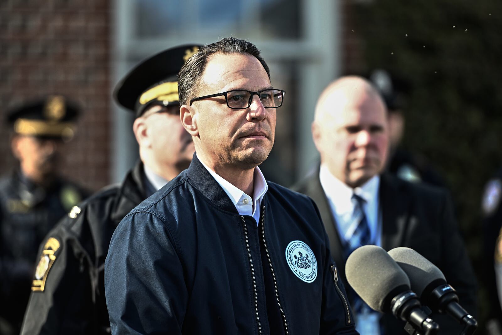 Pennsylvania Gov. Josh Shapiro pauses during a news conference at the governor's official residence discussing the alleged arson that forced him, his family and guests to flee in the middle of the night on the Jewish holiday of Passover, Sunday, Apr. 13, 2025, in Harrisburg, Pa. (AP Photo/Marc Levy)