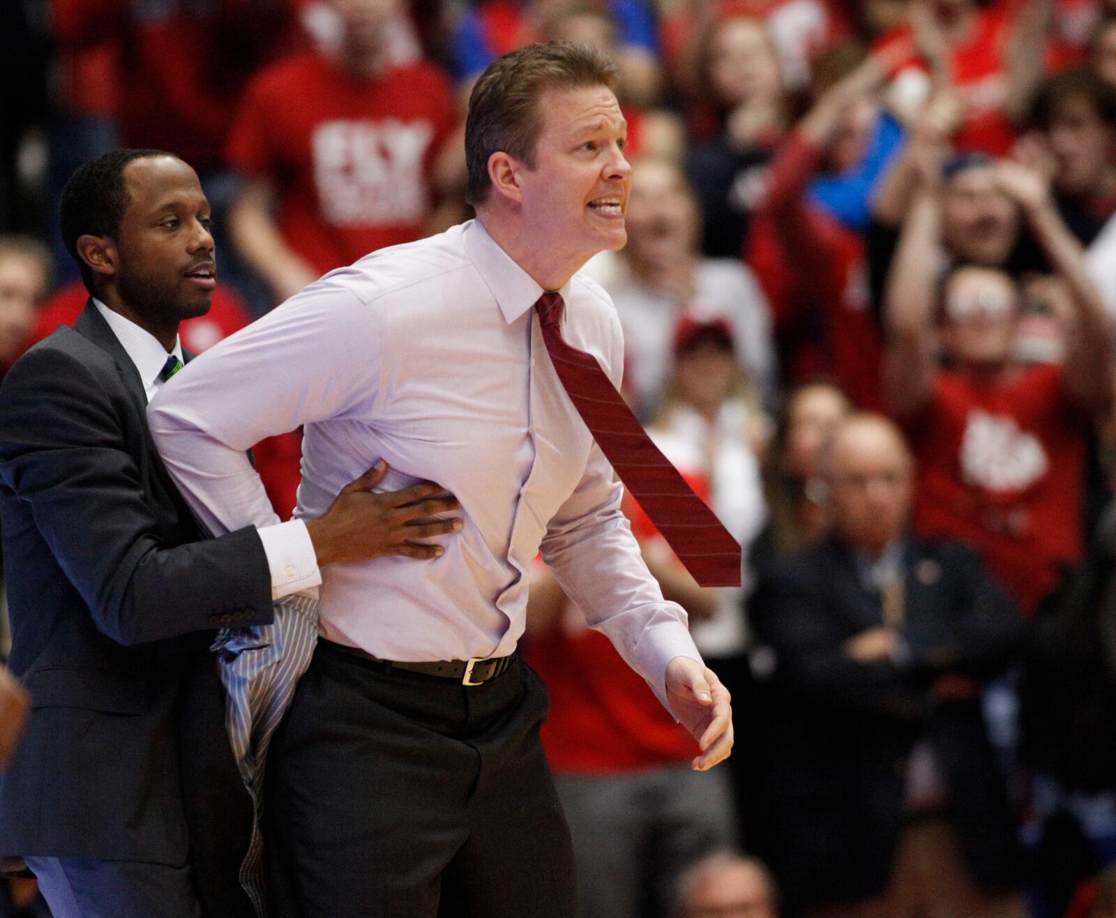 Richmond coach Chris Mooney reacts to a call on Saturday, Jan. 24, 2015, at UD Arena. David Jablonski/Staff David Jablonski/Staff