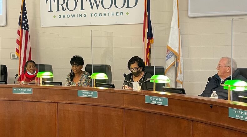 Mayor Mary McDonald and members of Trotwood city council discuss an income tax levy for the May ballot on Tuesday, Jan. 25, 2022. AIMEE HANCOCK / STAFF