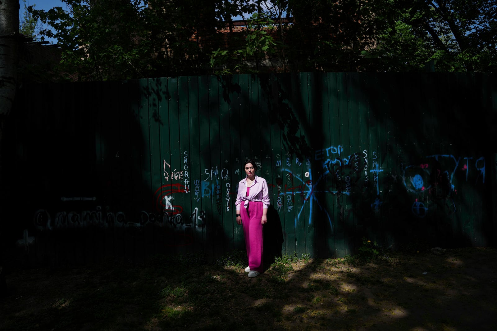 Olha Kurtmalaieva stands in a park in Kyiv, Ukraine, on Wednesday, April 23, 2025. (AP Photo/Evgeniy Maloletka)