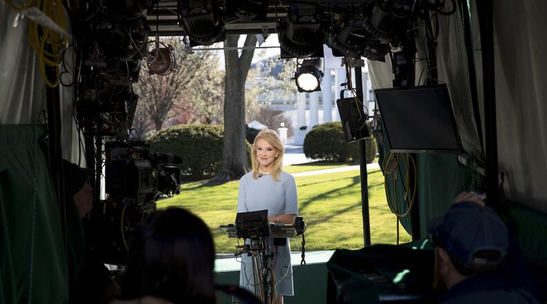 Kellyanne Conway, President Donald Trump’s senior adviser, outside the White House during an interview in Washington, March 8, 2017. Conway amplified Trump’s claim that President Barack Obama had tapped his telephone, suggesting on Monday that the former president’s surveillance effort could have employed any number of devices, even including a microwave oven. (Doug Mills/The New York Times)