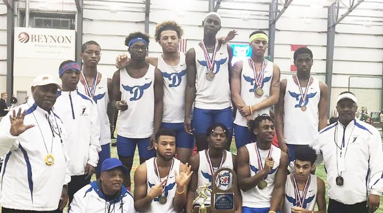 The Dunbar boys won their fifth straight combined Divisions II-III state indoor track and field team title at Spire Academy in Geneva last weekend. CONTRIBUTED PHOTO