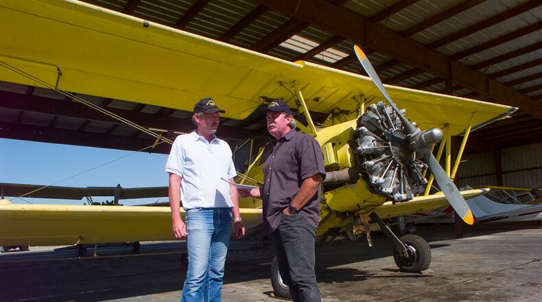 Career crop dusters Bill Porter, left, and John Warner in Sacramento, California, 1997.