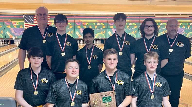 The Centerville Elks boys bowling team, pictured here after their district championship, won a Division I state title Friday in Columbus. CONTRIBUTED