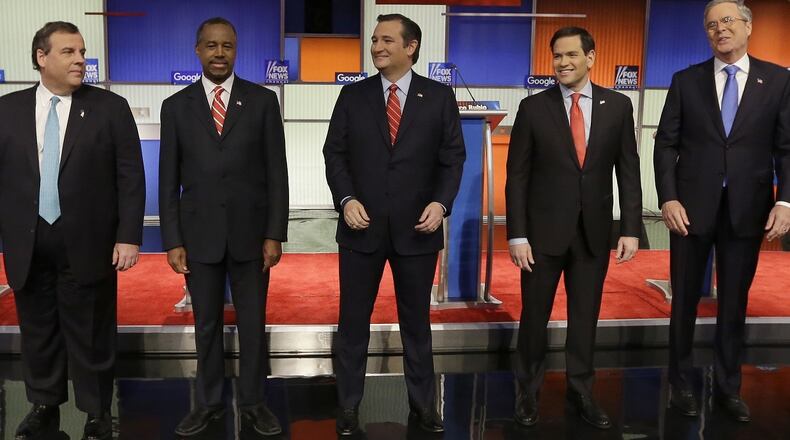 Presidential candidates Rand Paul, Chris Christie, Ted Cruz, Marco Rubio, Jeb Bush and John Kasich appear before a Republican presidential primary debate, Thursday, Jan. 28, 2016, in Des Moines, Iowa. (AP Photo/Chris Carlson)