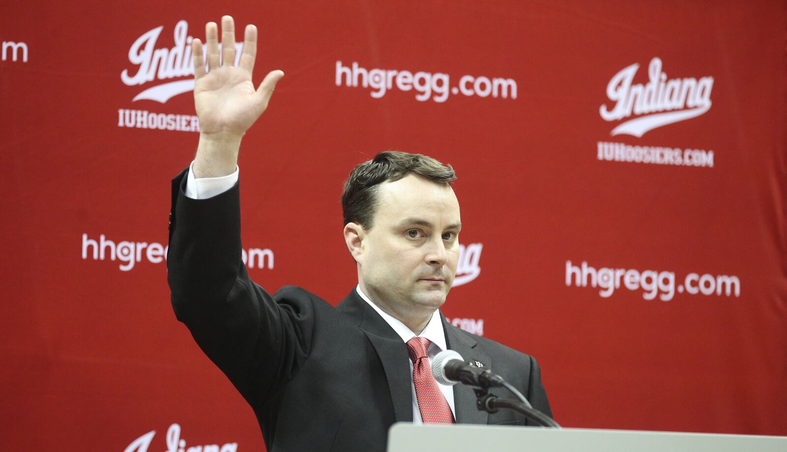Archie Miller waves to the crowd as his introductory press conference at Indiana begins on Monday, March 27, 2017, at Assembly Hall in Bloomington, Ind. David Jablonski/Staff