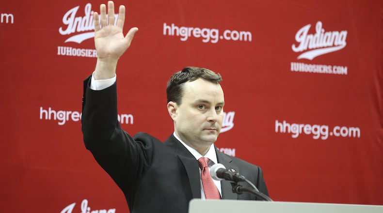Archie Miller waves to the crowd as his introductory press conference at Indiana begins on Monday, March 27, 2017, at Assembly Hall in Bloomington, Ind. David Jablonski/Staff