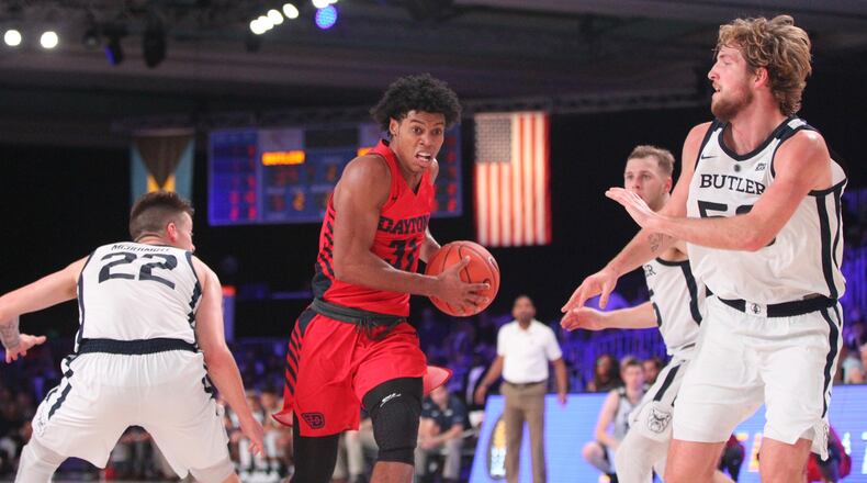 Dayton’s Jhery Matos drives to the basket against Butler in the first round of the Battle 4 Atlantis on Wednesday, Nov. 21, 2018, at Imperial Gym on Paradise Island, Bahamas.